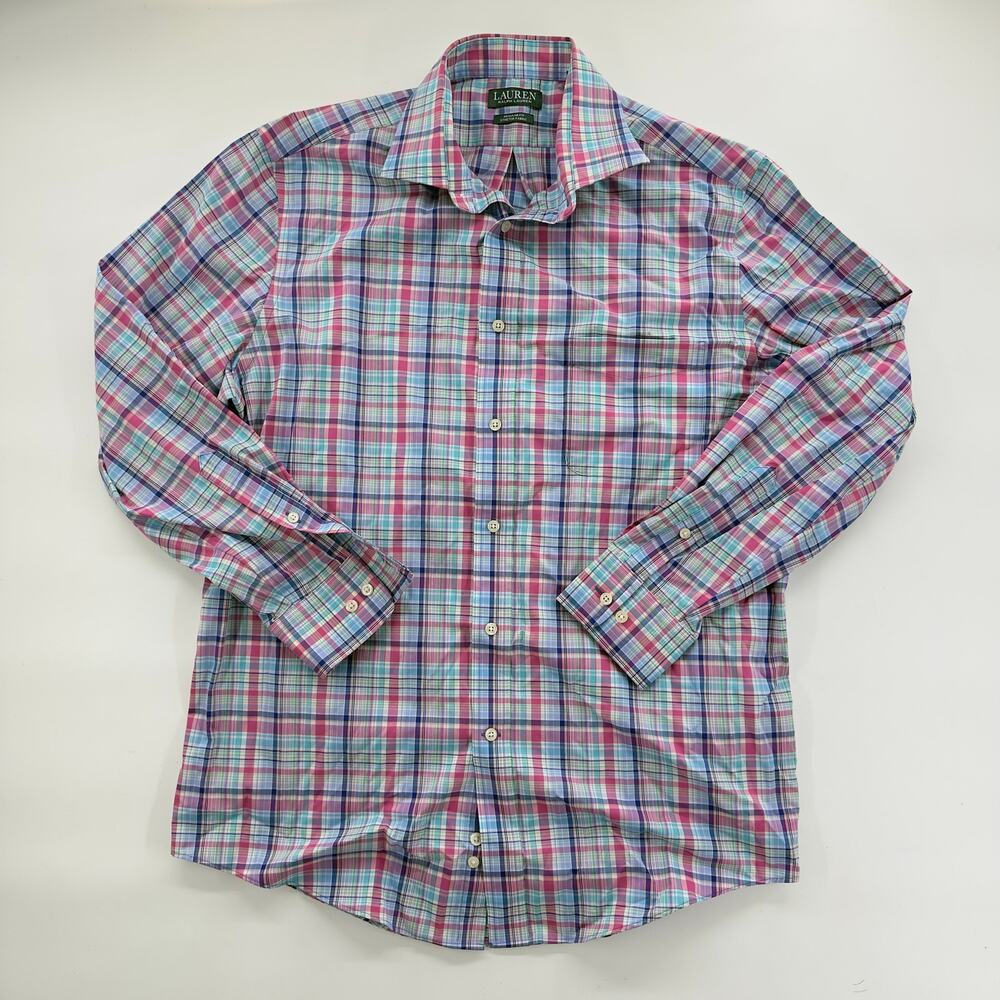 Lauren Ralph Lauren Pink Blue Plaid Button Down Shirt L Stretch Long Sleeve